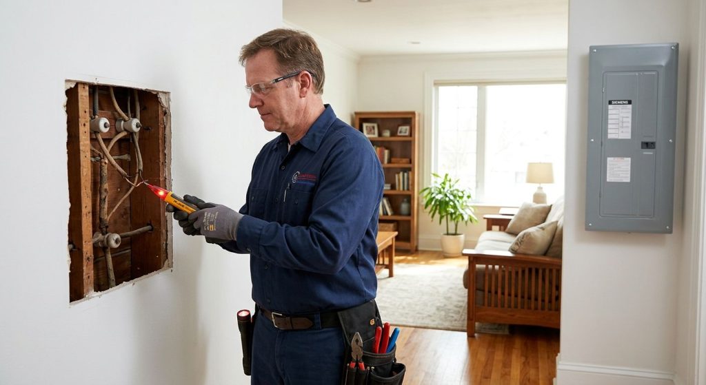 Professional photograph of a licensed electrician in blue uniform inspecting old knob-and-tube wiring in a bright residential living space with a new electrical panel visible in the background