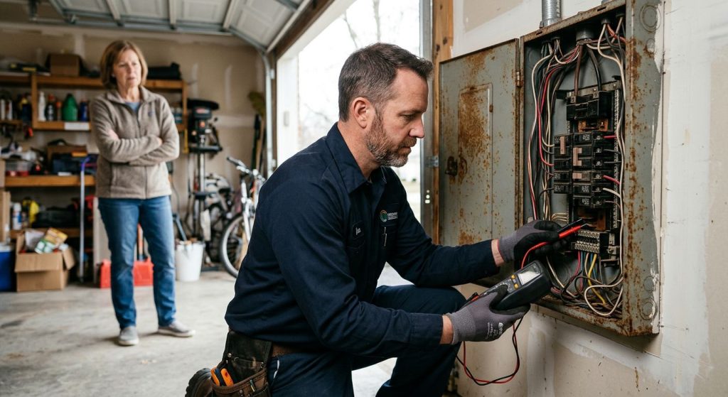 Licensed electrical contractor inspecting an outdated electrical panel in a residential garage, with concerned homeowner in background.