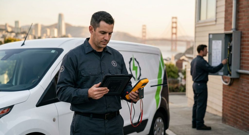 Two professional electricians in uniform with High Voltage Electrical logo on their shirts, one holding a tablet and multimeter in front of a service van, the other examining an electrical panel, with the San Francisco skyline and Golden Gate Bridge in the background
