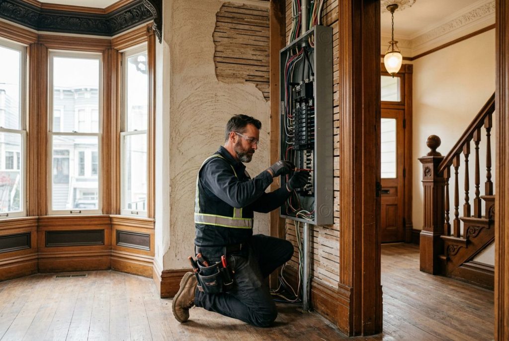 Professional photograph of a licensed electrician in a historic Victorian home in San Francisco, carefully installing a modern electrical panel while preserving original lath and plaster walls