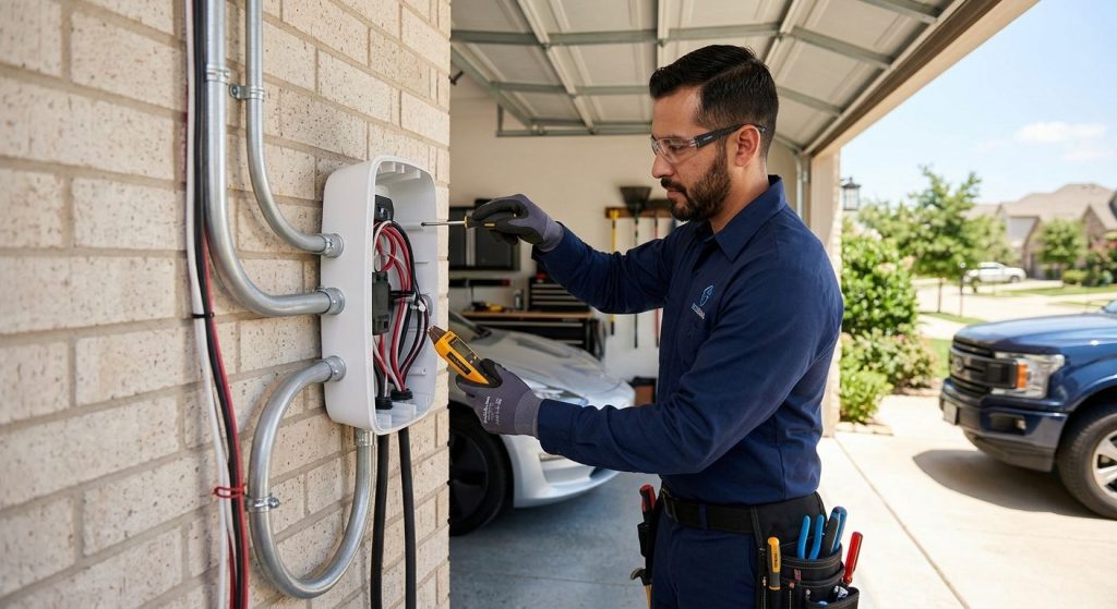 Licensed electrician installing a white Tesla Wall Connector on a garage wall in a Texas home, holding a voltage tester with organized conduit and wiring visible