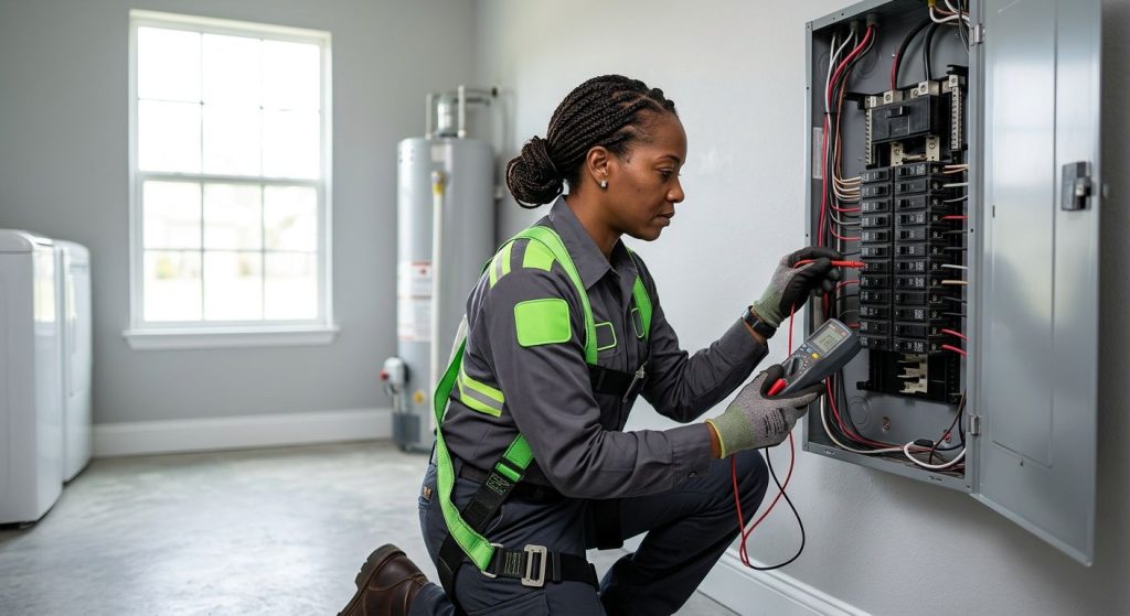 Professional photograph of a licensed electrician in safety gear examining an open electrical panel in a Tampa, Florida home with soft natural lighting.