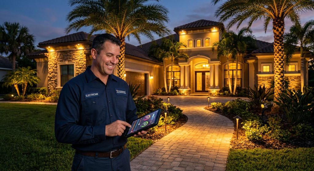 Licensed electrician smiling in foreground of twilight Odessa home with warm landscape lighting highlighting palm trees and architecture, tablet showing controls