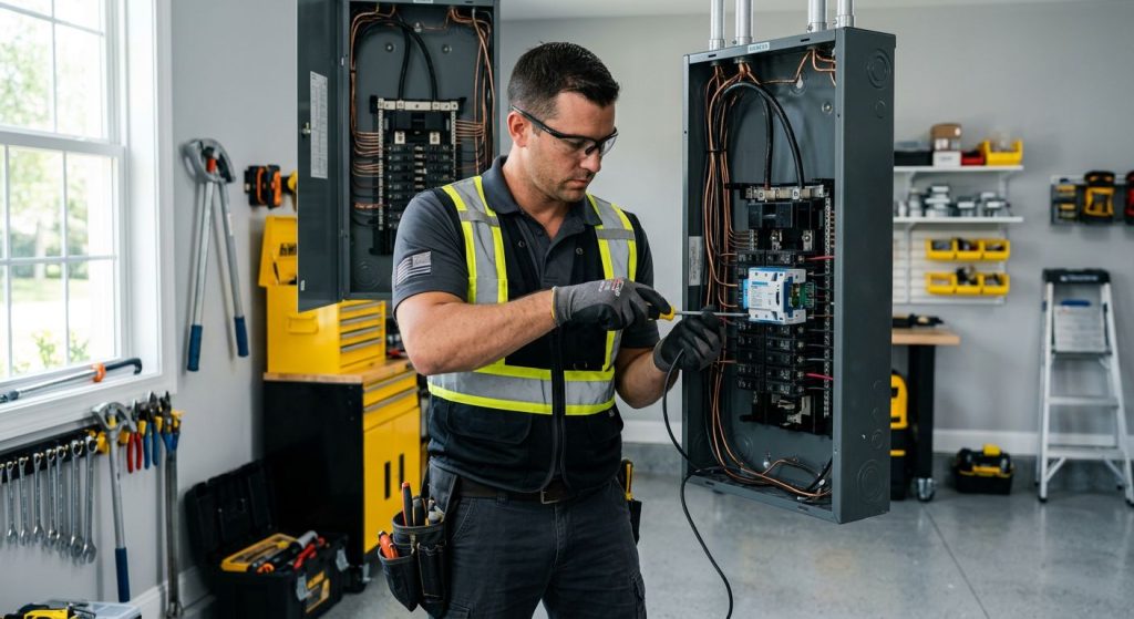 Professional electrician installing a whole home surge protection device at an electrical panel in a Tampa home.