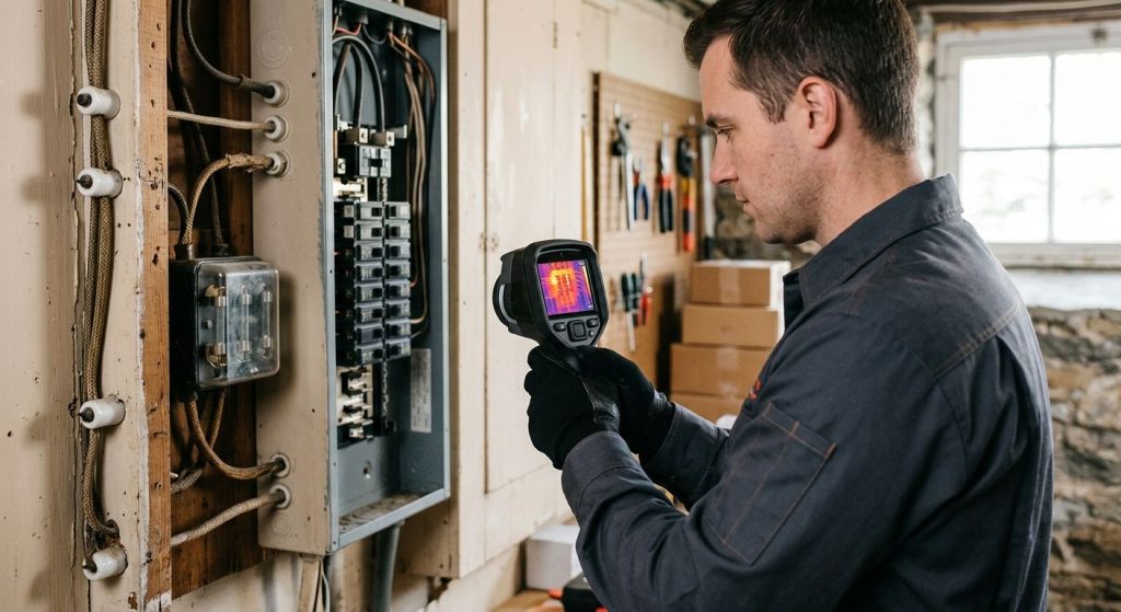 Licensed electrician in uniform using thermal imaging camera to inspect electrical panel in an older home with visible knob-and-tube wiring.
