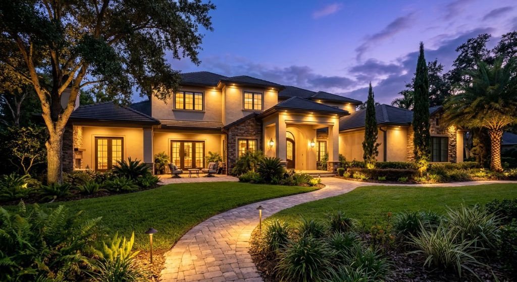 Professional residential landscape lighting installation at dusk in Odessa, Florida, highlighting pathway, trees, and patio with warm illumination