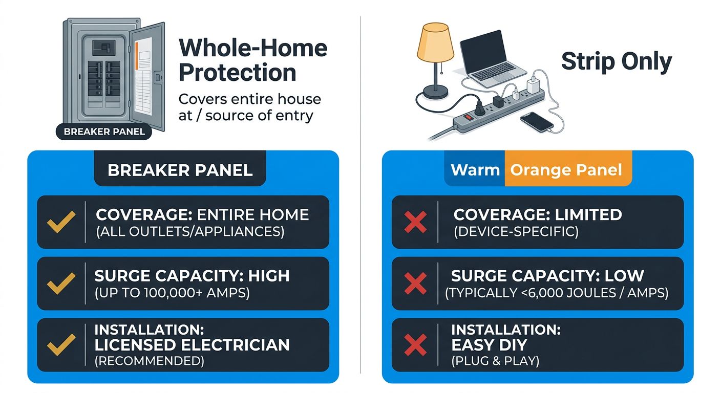 Comparison infographic showing whole-home surge protection with green checkmarks versus power strips with red crosses for features coverage surge capacity and installation