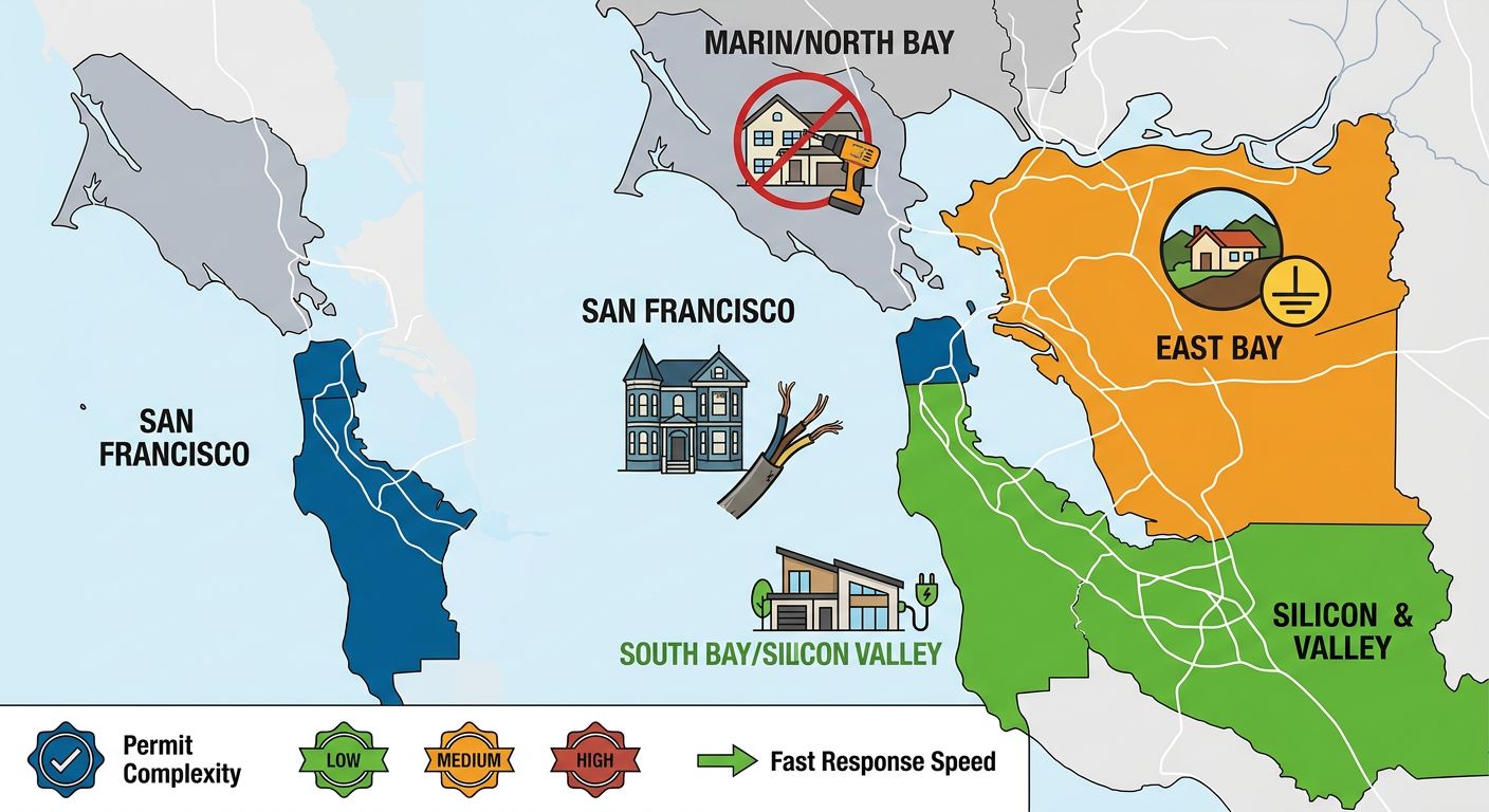 A regional comparison infographic of the Bay Area with color-coded zones for electrical needs