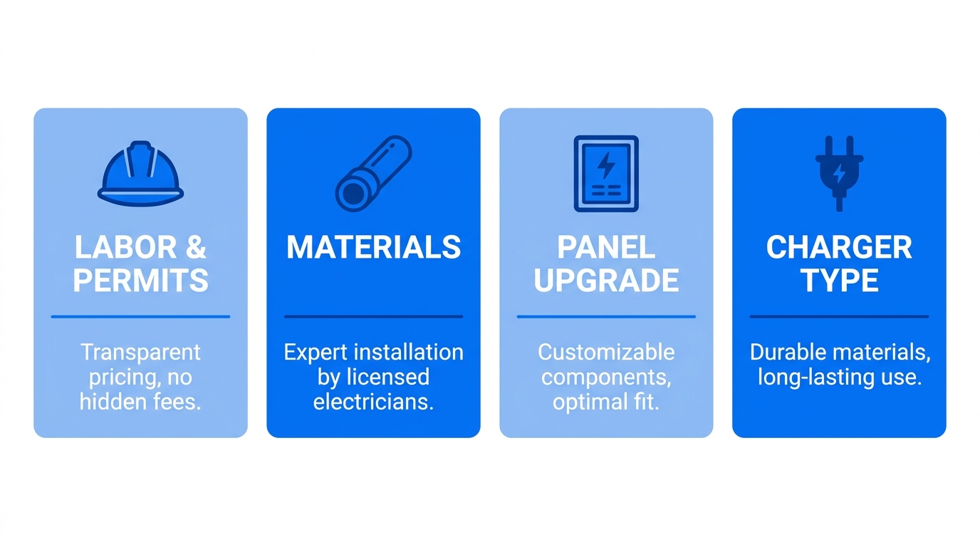 Infographic showing four cost factors for Level 2 electric vehicle charger installation: labor and permits, materials, panel upgrade, and charger type.