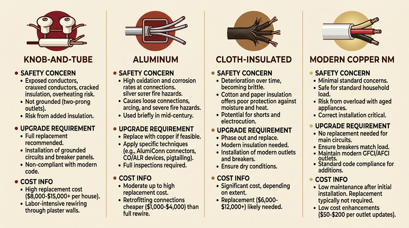 Infographic comparing old wiring types with modern copper NM cable, using icons and color coding.
