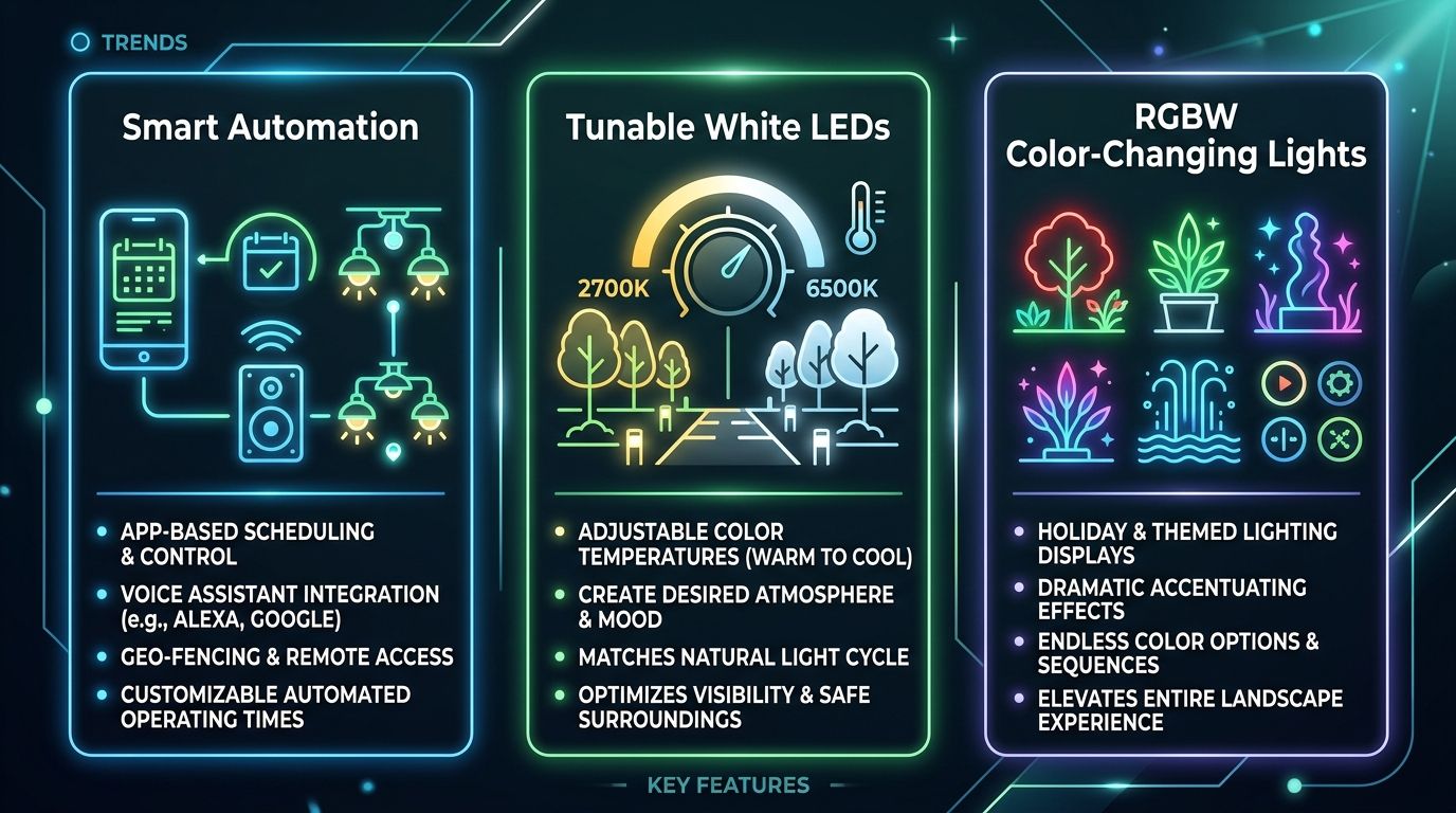 Infographic presenting 2026 landscape lighting trends: smart automation, tunable white LEDs, and RGBW color-changing lights