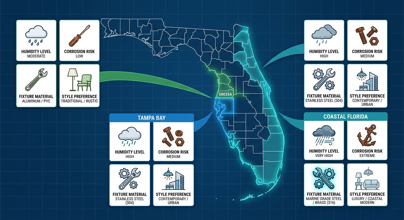 Comparison infographic map of Florida with Odessa, Tampa Bay, and Coastal Florida regions color-coded, each showing four icons for humidity, corrosion risk, fixture material, and style preference.