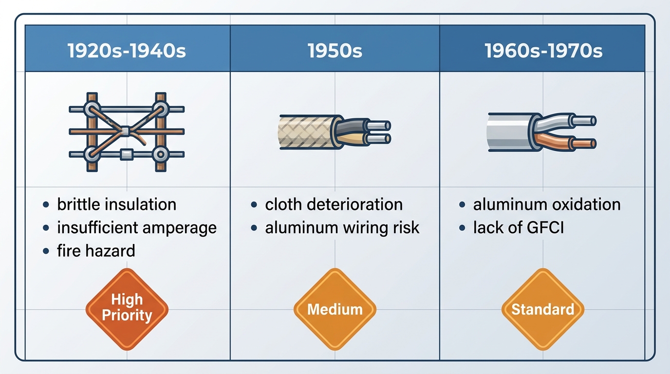 Three-column comparison infographic of electrical safety hazards by home construction decade: 1920s-1940s, 1950s, and 1960s-1970s, with icons and bullet points
