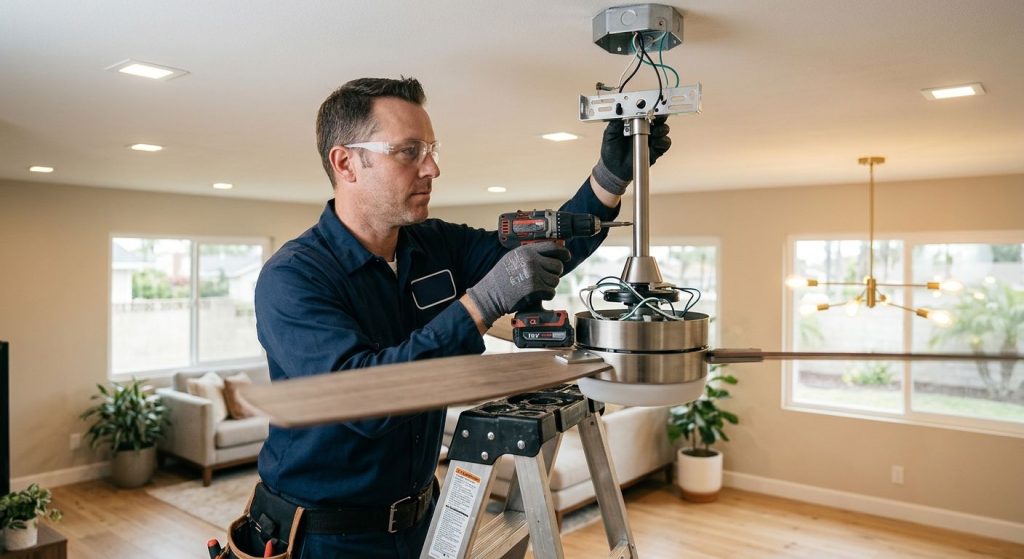 Professional electrician installing a ceiling fan in a modern Anaheim living room.