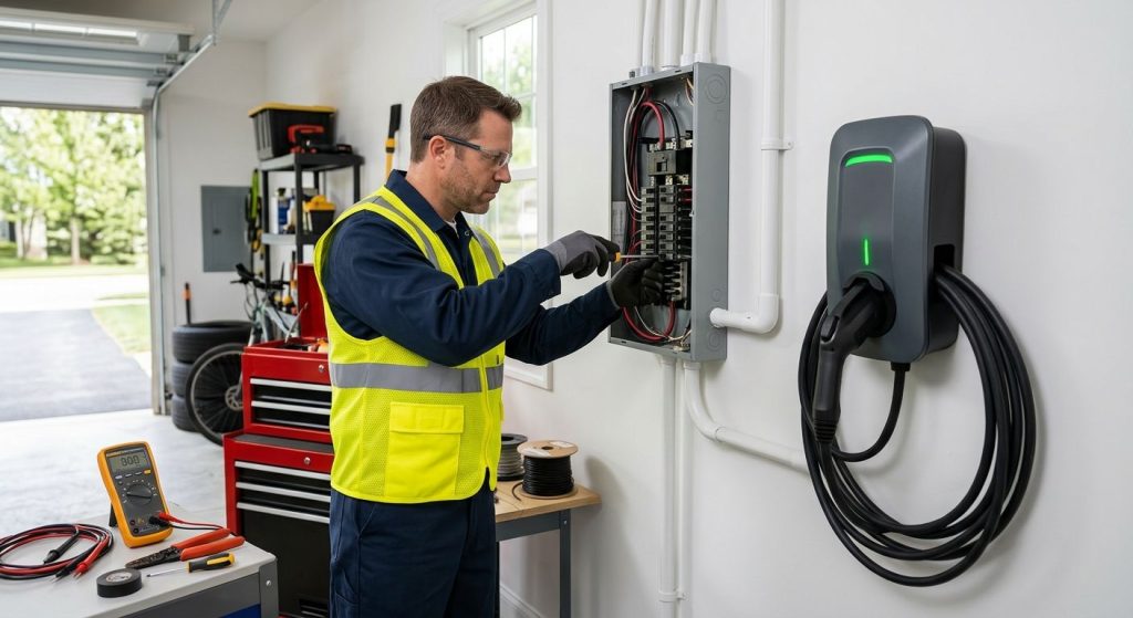A licensed electrician in safety gear installing a Level 2 EV charger on a garage wall, connecting wiring to a circuit breaker panel