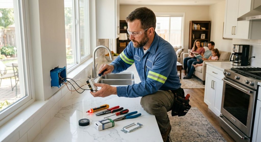 Professional electrician in blue uniform installing a GFCI outlet in a bright modern kitchen with family in background