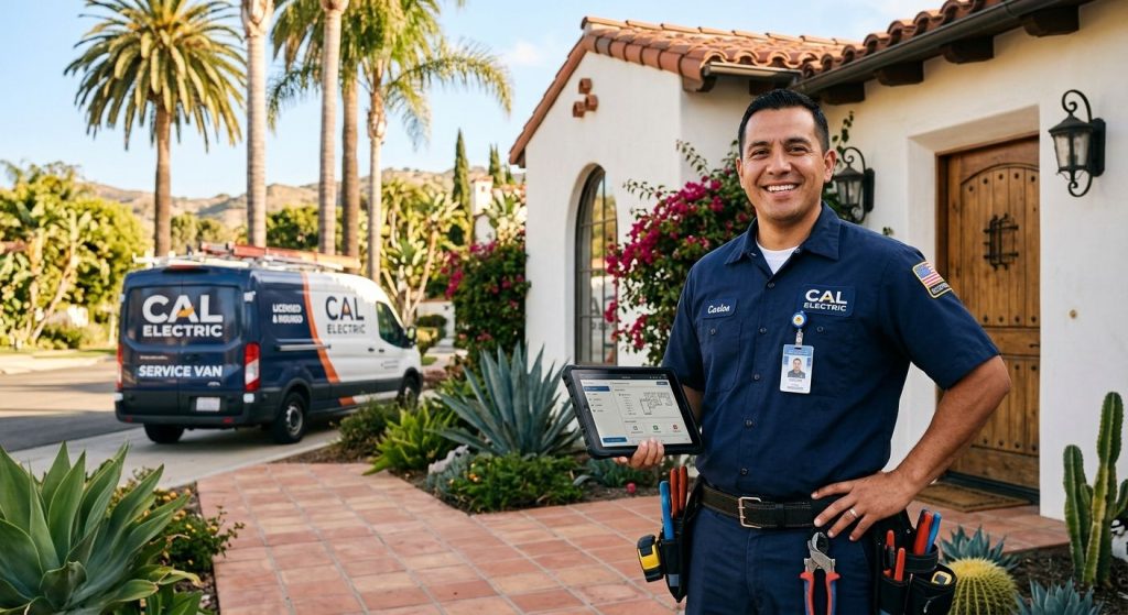Professional photograph of a smiling uniformed electrician holding a tablet, standing by a Spanish-style home in sunny Southern California with a safety badge, utility belt, and branded service van under palm trees.