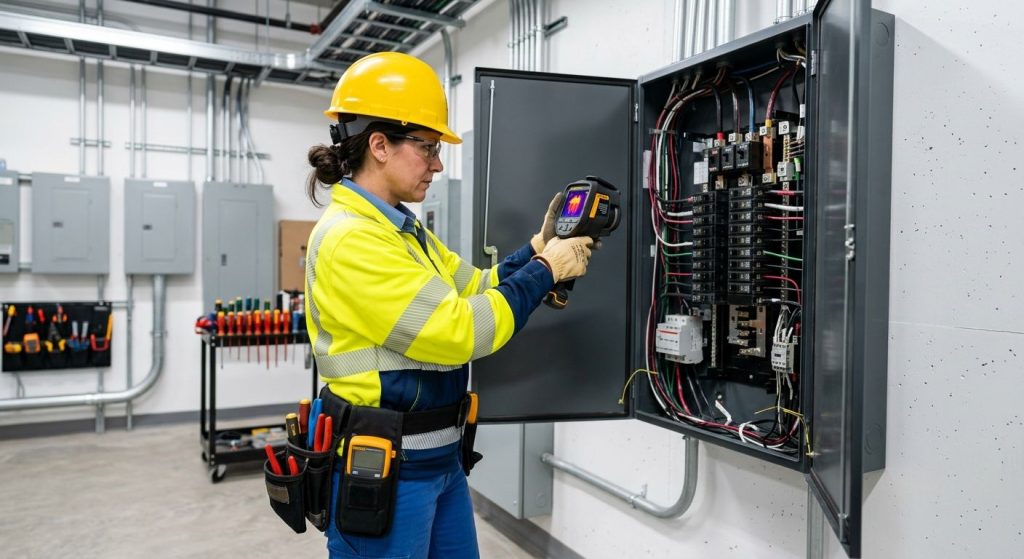 Licensed commercial electrician in safety gear using a thermal imaging camera to inspect a large electrical panel in a modern office building's electrical room.