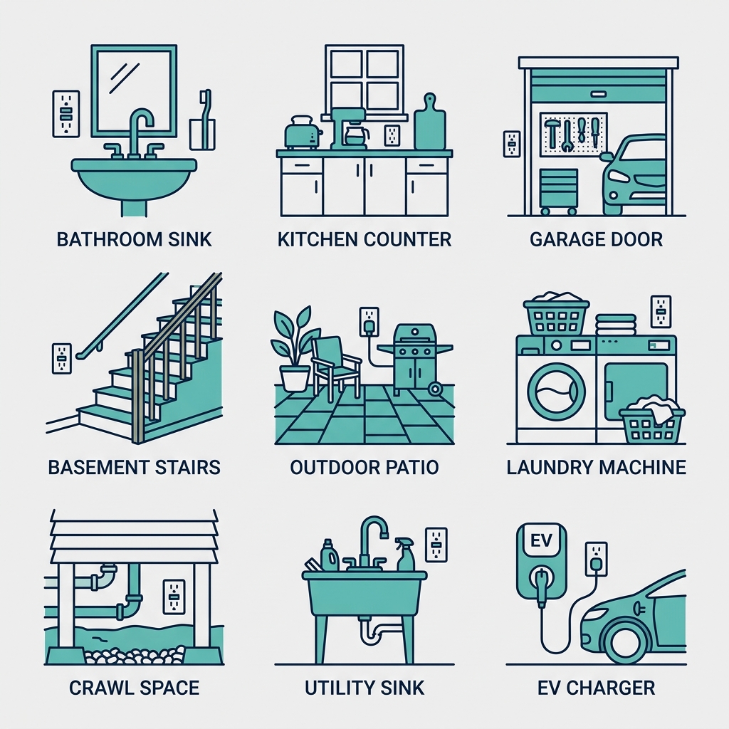 Nine icon grid showing GFCI-required areas: bathroom, kitchen, garage, basement, patio, laundry, crawl space, utility sink, EV charger
