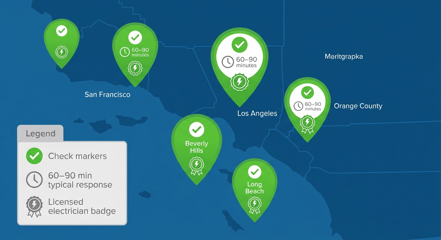 Infographic map of Southern California highlighting Los Angeles, Orange County, San Francisco, Beverly Hills, and Long Beach with service-area markers showing check marks for availability, clock icons for 60–90 minute typical response, and licensed electrician badges, plus a clean legend.