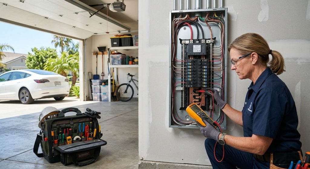 Licensed electrician inspecting electrical panel with AFCI breakers in a bright garage, EV visible outside