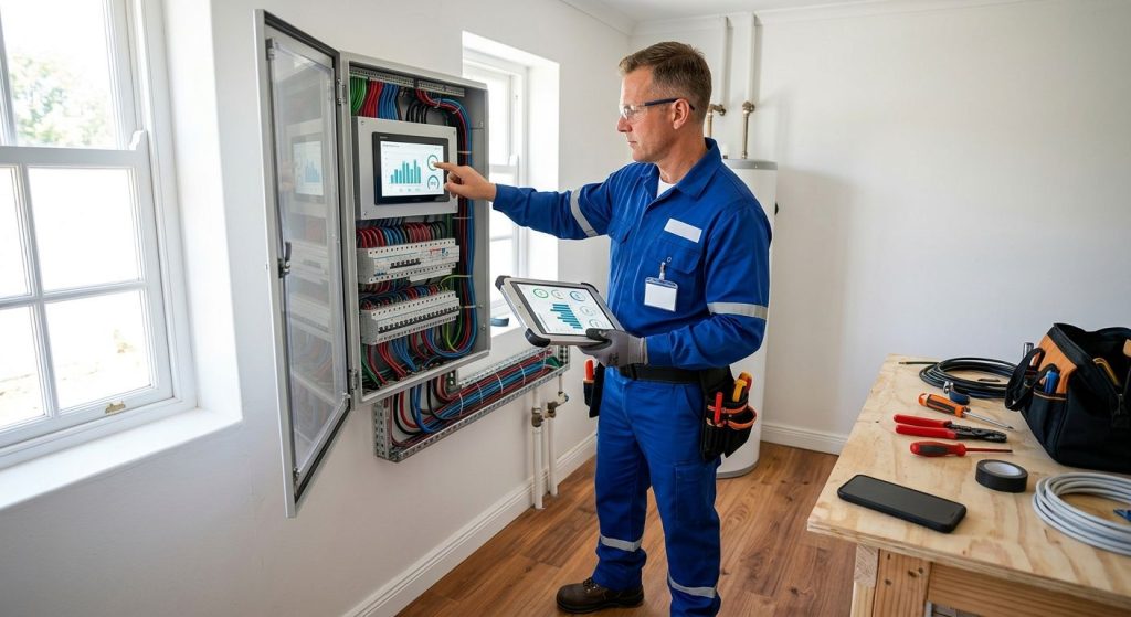 Professional electrician installing smart electrical panel with tablet monitoring in residential utility room.