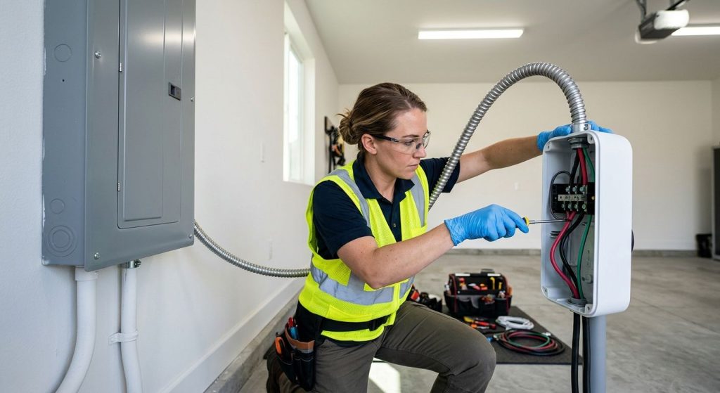 Licensed electrician installing a wall-mounted Level 2 EV charger in a modern residential garage, wearing safety gear and connecting conduit.