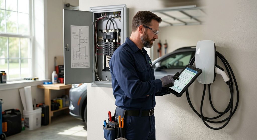 Licensed electrician in navy blue uniform and safety glasses standing beside a Level 2 EV charger in a garage, holding a tablet with a compliance checklist, with an electrical panel and single-line diagram in the background.
