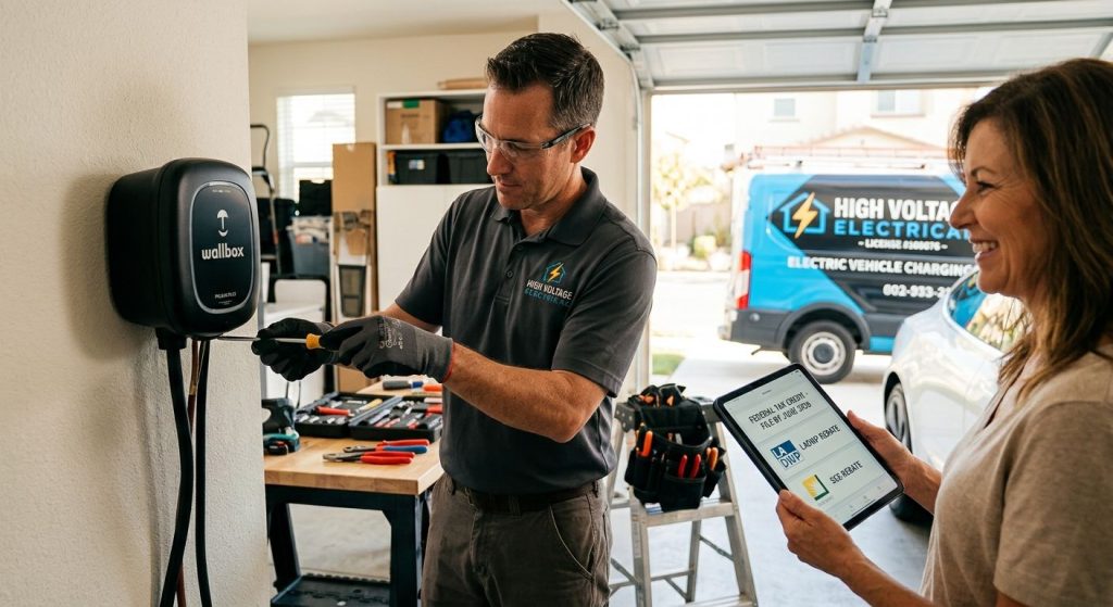 Electrician in branded polo shirt installing a Level 2 EV charger in a bright California garage, with a homeowner holding a tablet showing rebate information