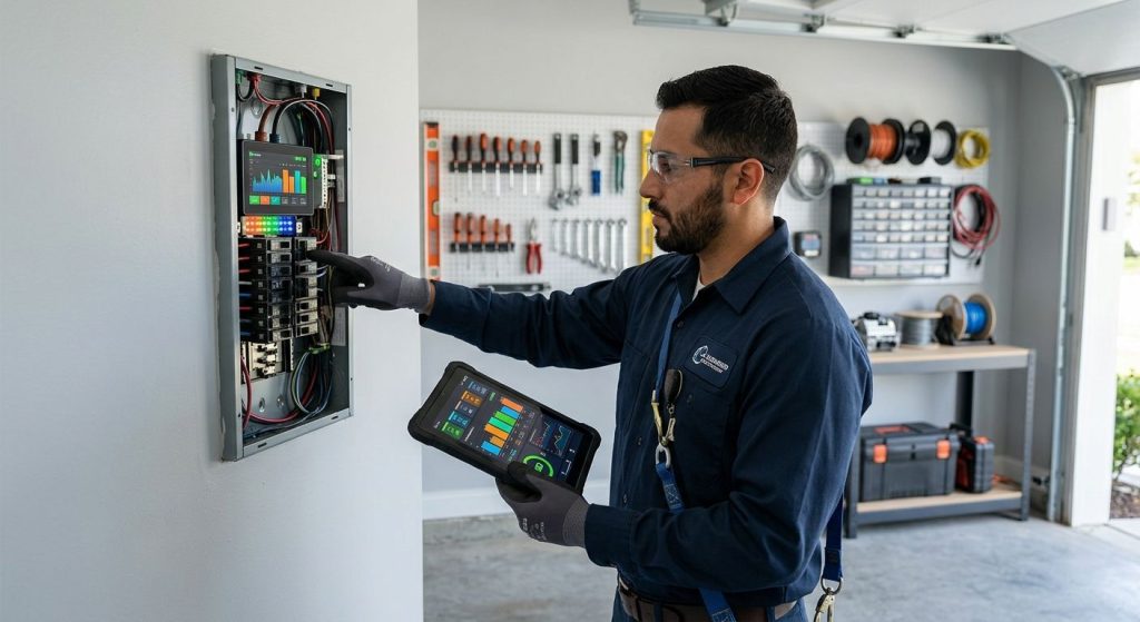 Professional electrician using tablet to demonstrate smart electrical panel with real-time energy monitoring data on digital display in garage