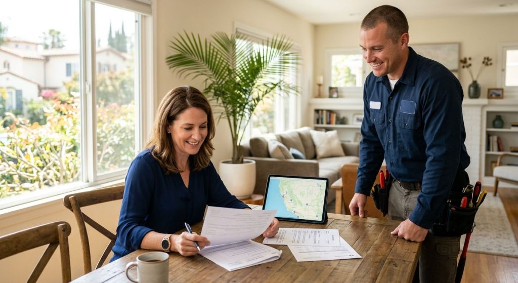 Homeowner reviewing electrical permit documents with a smiling uniformed electrician in a bright California living room, California map visible on a tablet behind them