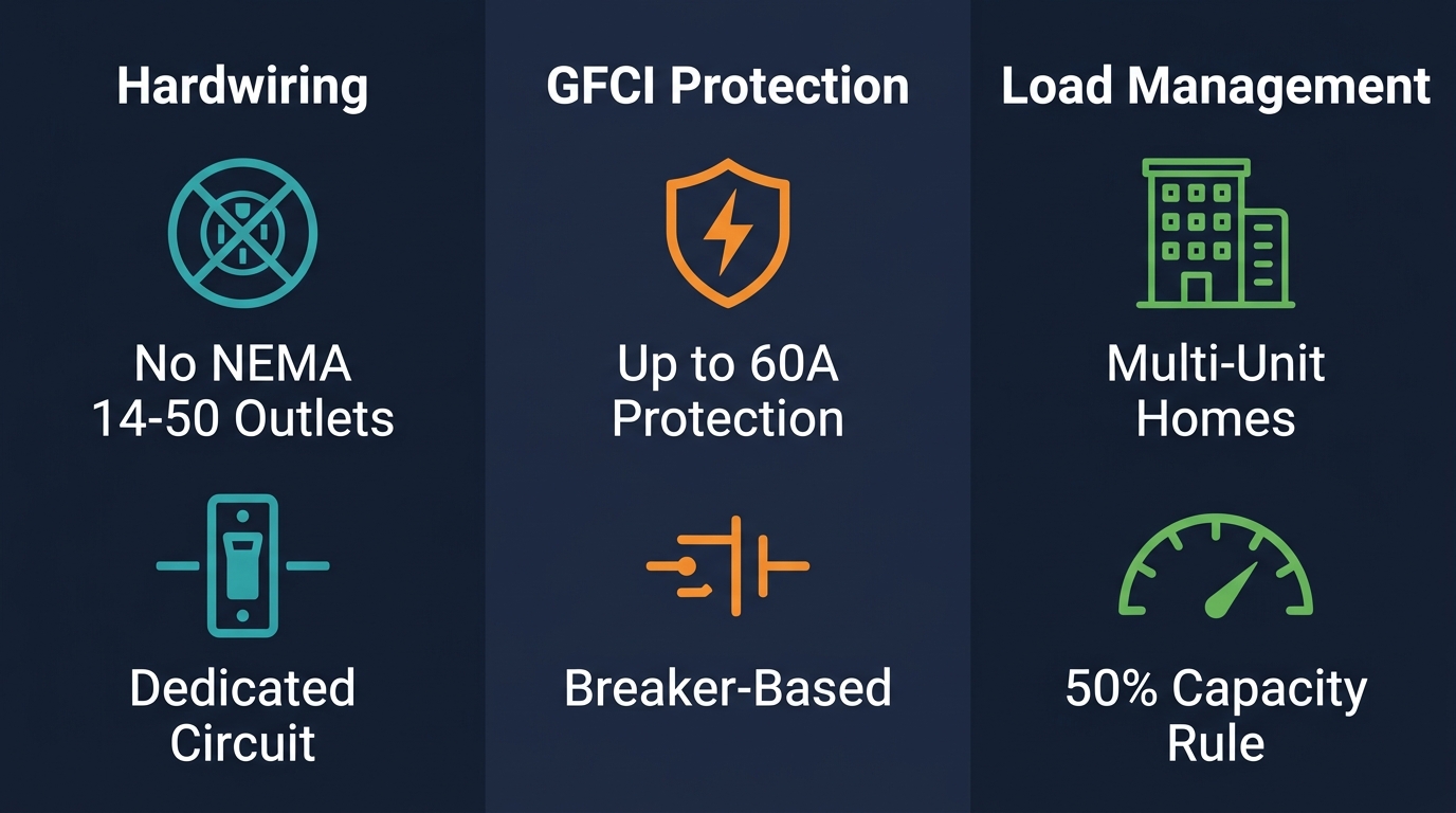 Infographic showing three key 2026 NEC changes for residential EV charging stations: hardwiring, GFCI protection, and load management, with two items each in side-by-side columns.
