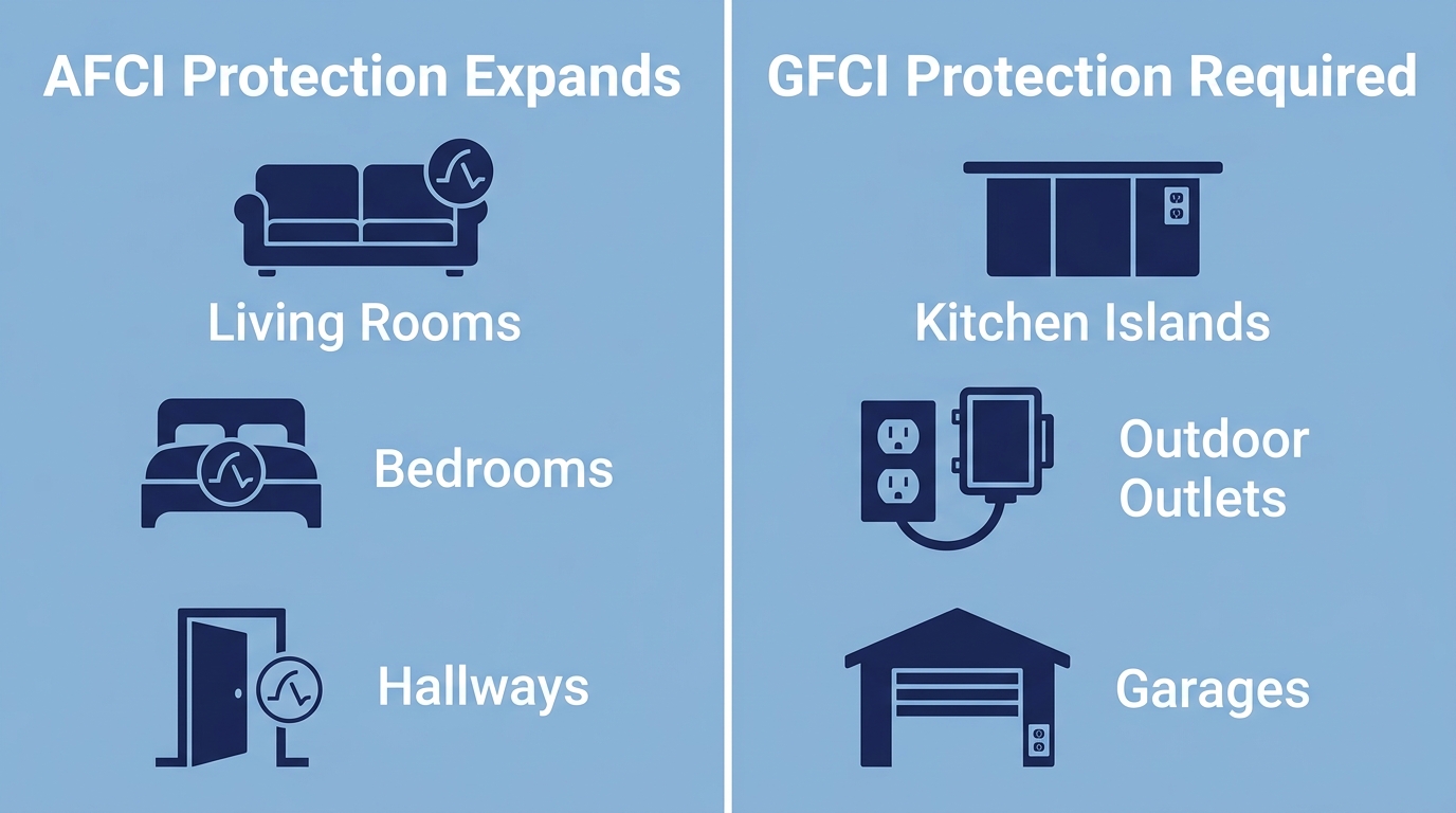 Two-column infographic showing expanded AFCI protection for living rooms, bedrooms, and hallways, and GFCI protection required for kitchen islands, outdoor outlets, and garages, with flat navy icons on a pale blue background.