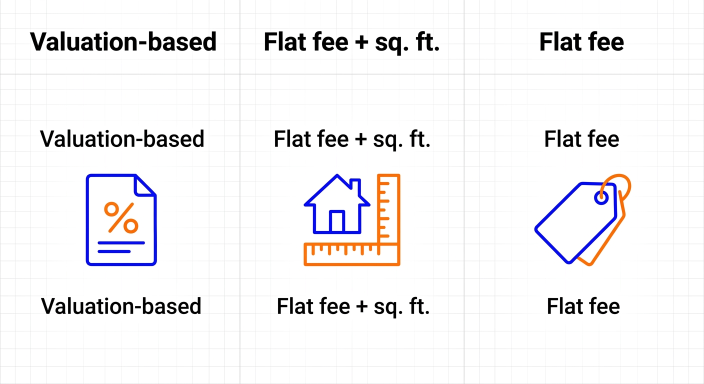 Infographic showing three California electrical permit fee calculation methods: valuation-based, flat fee plus square footage, and flat fee.
