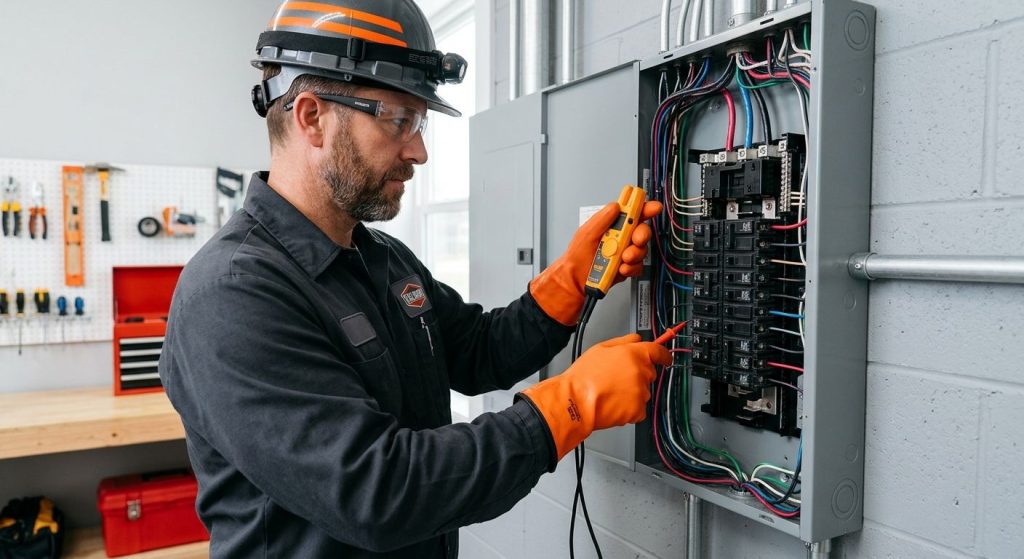 A licensed electrician inspecting a 200 amp residential electrical panel with the cover removed, wearing insulated gloves and safety glasses, using a voltage tester, in a clean garage setting.