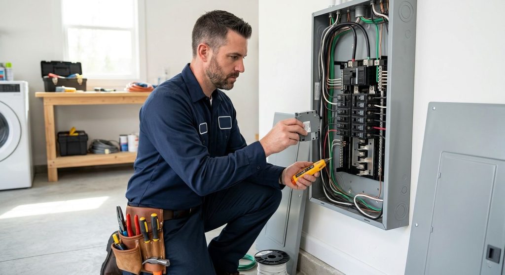Licensed electrician in navy blue uniform installing an AFCI breaker in an open residential electrical panel