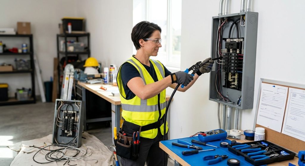 Licensed electrician upgrading home electrical panel in garage, with tools and old panel visible.