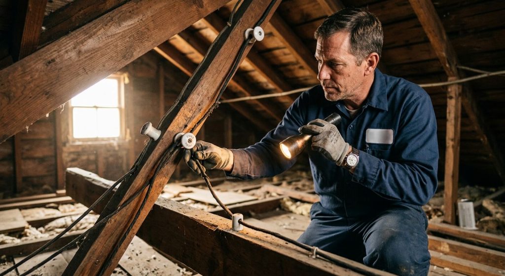 A licensed electrician inspects knob and tube wiring in an attic, using a flashlight to illuminate ceramic knobs and cloth-covered wires along wooden rafters.