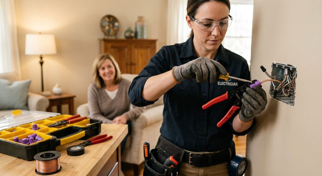 Licensed electrician installing copper pigtail connector on aluminum wire at wall outlet, with homeowner observing in background.