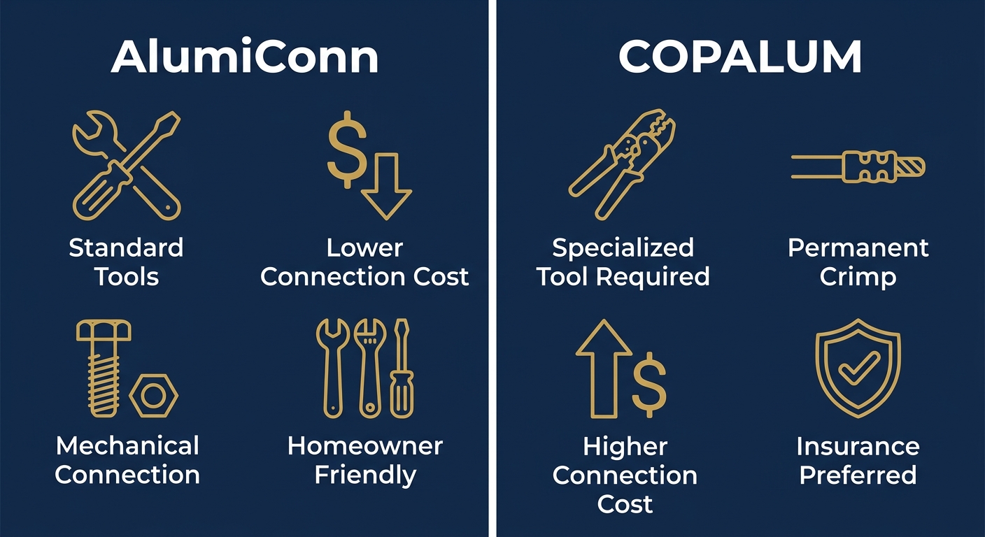 Infographic comparing AlumiConn and COPALUM connectors with four points each