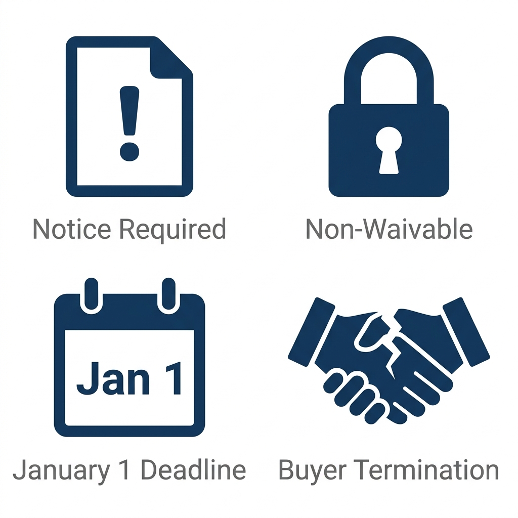 Icon set showing four key requirements of California SB 382 electrical panel disclosure law: notice required, non-waivable, January 1 deadline, and buyer termination.