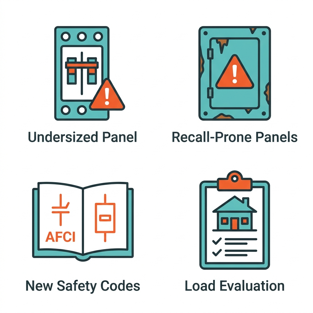 Flat icon set of 4 shown above with labels: Undersized Panel; Recall-Prone Panels; New Safety Codes; Load Evaluation.
