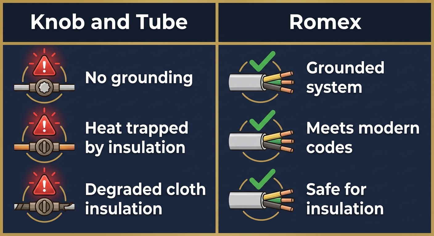 Side-by-side comparison infographic showing dangers of knob and tube wiring on left with hazard icon and three risk labels, and benefits of modern Romex wiring on right with checkmark icon and three safety labels