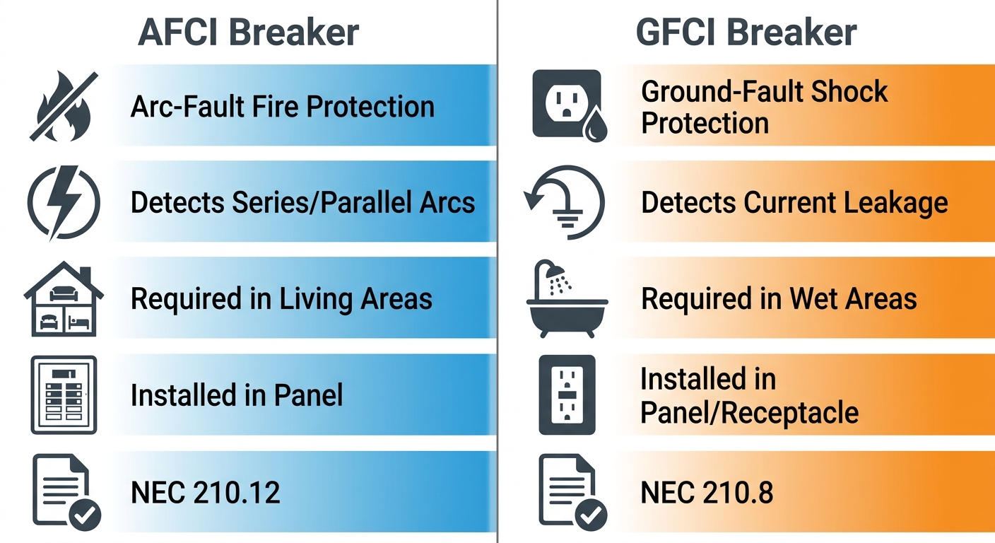 Infographic comparing AFCI and GFCI breaker functions with five labeled icons in each column