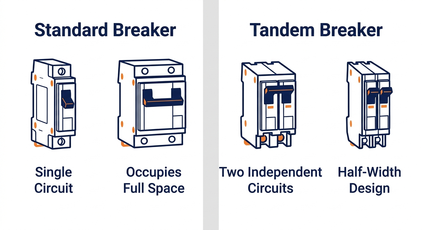 Infographic comparing standard breaker and tandem breaker, showing single circuit full space vs two independent circuits half-width design