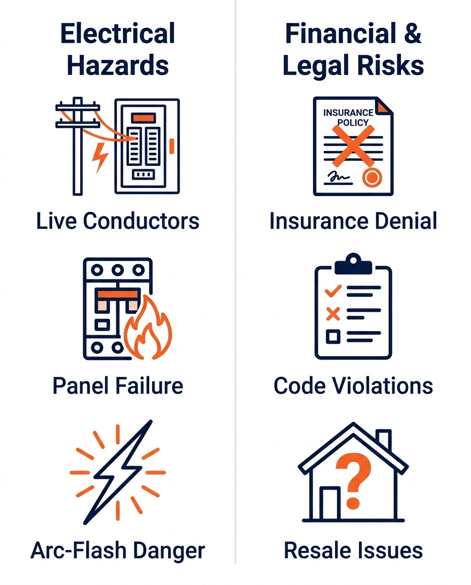 Infographic comparing electrical hazards and financial/legal risks of DIY panel replacement, with icons and labels.