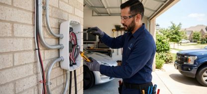 Licensed electrician installing a white Tesla Wall Connector on a garage wall in a Texas home, holding a voltage tester with organized conduit and wiring visible