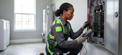 Professional photograph of a licensed electrician in safety gear examining an open electrical panel in a Tampa, Florida home with soft natural lighting.
