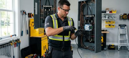 Professional electrician installing a whole home surge protection device at an electrical panel in a Tampa home.