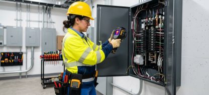 Licensed commercial electrician in safety gear using a thermal imaging camera to inspect a large electrical panel in a modern office building's electrical room.